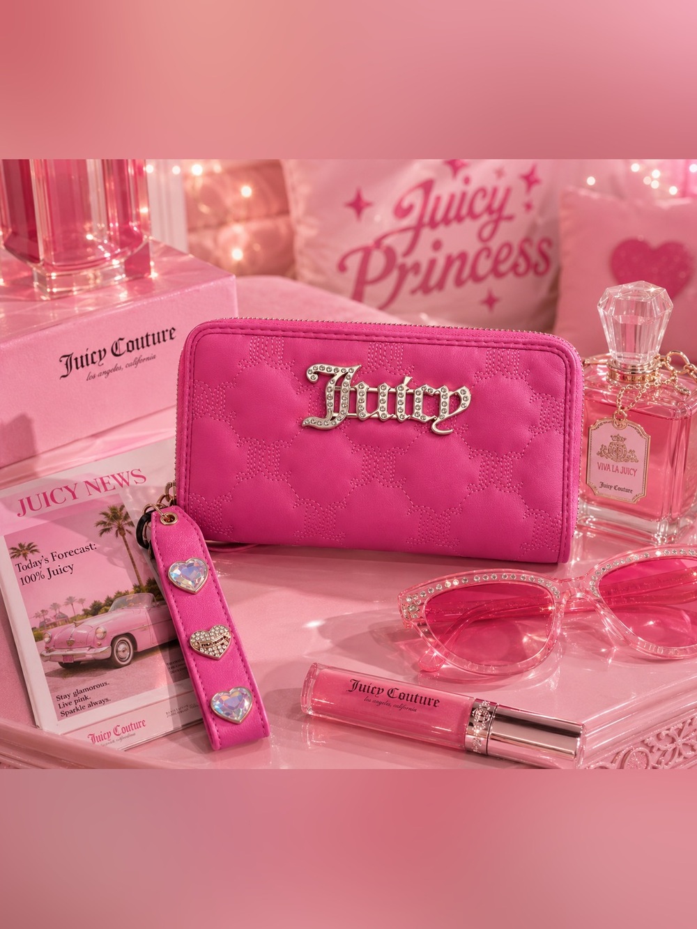 Juicy Couture Bright Pink Jeweled Zip Wallet with Strap